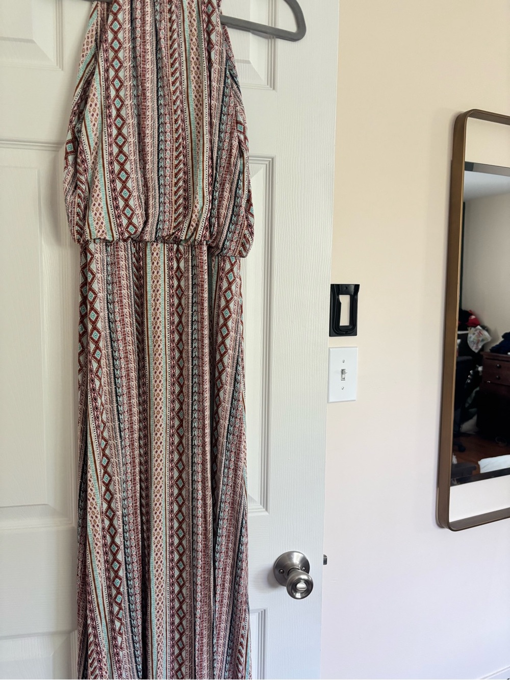 Boho Maxi Dress in Burgundy and Cream — Sleeveless Halter